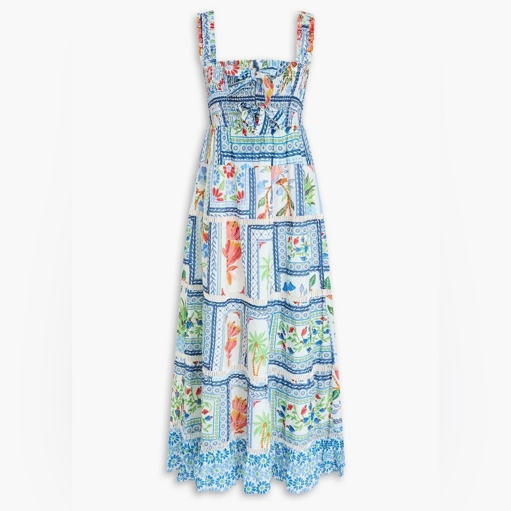 Farm Rio Tropical Tiles Cotton Square Neck Smocked Tiered A Line Maxi Dress - Picture 11 of 12